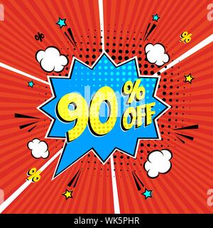 90  % sur le lettrage de la bande dessinée dans le discours de vente bubble style bande dessinée modèle plat. Vintage Retro pop art illustration isolé sur fond de rayons. L'EXCL Illustration de Vecteur