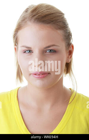 En colère closeup portrait of a young woman isolated on white Banque D'Images