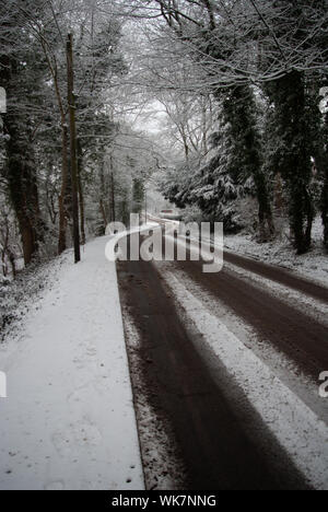 Route couverte de neige et la chaussée mouillée avec les voies d'entrer dans la distance (Portrait) Banque D'Images