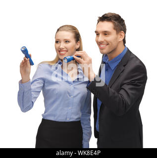L'homme et la femme avec lampes Banque D'Images