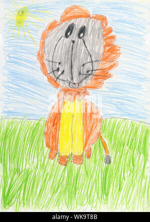 Dessin en couleur sur un papier blanc fait l'enfant - lion Banque D'Images