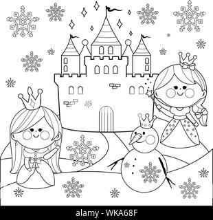 Jolies princesses dans un paysage enneigé hivernal avec un château et un bonhomme de neige. Conte de fées pour enfants avec des personnages dans la neige. Jolies filles princesse. Illustration de Vecteur