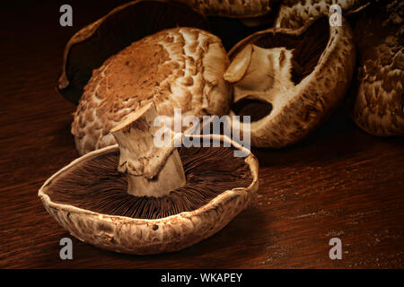 Champignons Portobello frais sur la surface en bois Banque D'Images