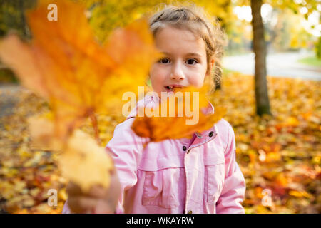 Jolie petite fille avec des dents manquantes à jouer avec le jaune des feuilles tombées en automne forêt, photographie dans l'air. Heureux l'enfant rire et sourire. Sunny Banque D'Images