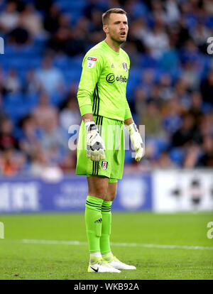 Fulham gardien Marcus Bettinelli pendant le ciel parier match de championnat au Cardiff City Stadium, Cardiff. Banque D'Images