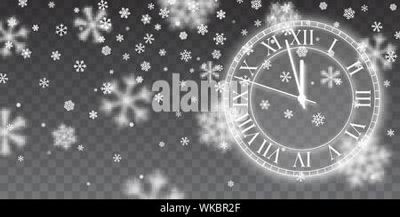 Vintage horloge ronde brillant d'or. La neige de Noël. La chute des flocons de neige sur fond bleu. Chutes de neige. Vector illustration. Illustration de Vecteur