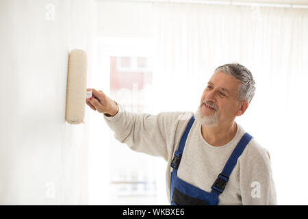 Man peindre un mur au rouleau avec de la peinture, smiling, appréciant le travail Banque D'Images