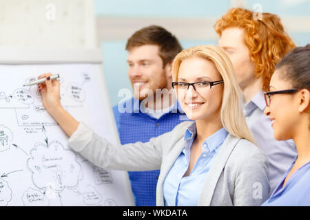 Entreprises, office et démarrage concept - smiling smiling businesswoman in lunettes avec l'équipe de l'équipe à l'arrière Banque D'Images