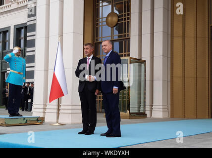 Ankara, Turquie. 06Th Sep 2019. De gauche du premier ministre tchèque Andrej Babis rencontre Président turc, Recep Tayyip Erdogan à Ankara, Turquie, le 3 septembre 2019. Crédit : Marek Opatrny/CTK Photo/Alamy Live News Banque D'Images