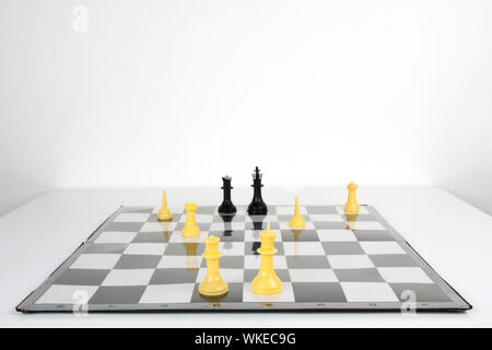 Black king being checked by white knight on chessboard Stock Photo