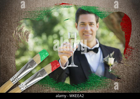 Image composite de groom toasting with champagne avec le pinceau imbibé de rouge contre la surface altérée Banque D'Images