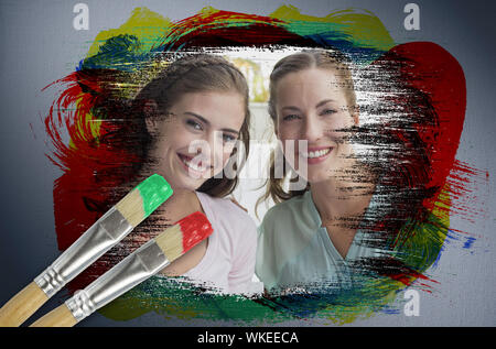 Image composite d'amis smiling at camera avec le pinceau imbibé de rouge à l'arrière-plan généré numériquement vignette gris Banque D'Images