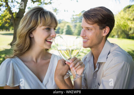 Cute couple toasting with champagne assis dehors sur une journée ensoleillée Banque D'Images