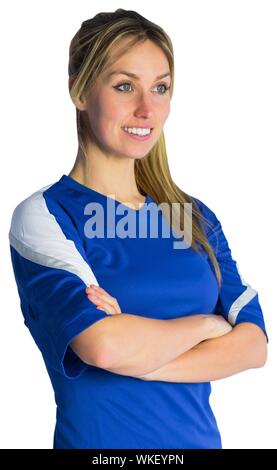 Assez fan de football en jersey bleu sur fond blanc Banque D'Images