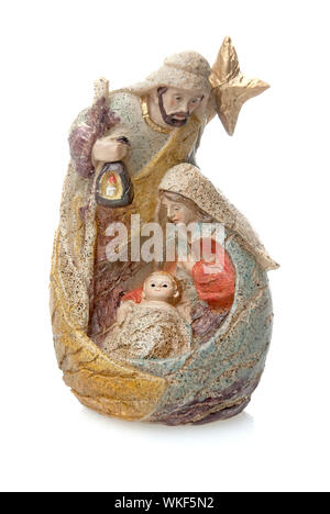 Crèche de Noël isolé sur statuettes représentant blanc Marie, Jésus et Joseph. Banque D'Images