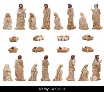 Crèche de Noël isolé sur statuettes représentant blanc Marie, Jésus et Joseph. Banque D'Images