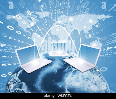 Des ordinateurs portables avec la terre contre l'arrière-plan du monde. Et Connexions réseau. Éléments de cette image sont meublées par la NASA Banque D'Images