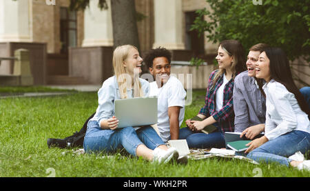 Les étudiants ayant de la discussion sur l'herbe du campus Banque D'Images