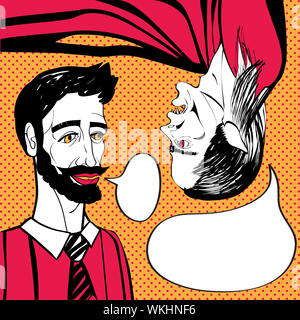 Illustration à la main d'un homme et d'une vampire à l'envers parler, funny Pop Art scène comique avec bulle sur fond orange avec des points Banque D'Images