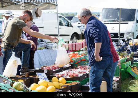 CHELMSFORD, ESSEX/ANGLETERRE - 1ER JUIN 2019 - Les personnes qui désirent visiter le coffre d'une voiture à vendre à Boreham Essex l'achat de fruits et légumes et où ils peuvent aussi acheter c Banque D'Images