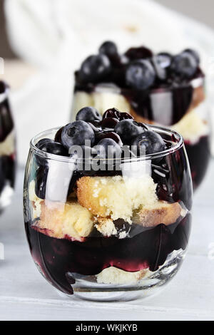 Trifle avec sauce aux bleuets frais, fruits mûrs et la vanille avec une faible profondeur de champ. Banque D'Images