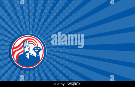 Carte montrant l'illustration d'un Américain, chef cuisinier ou baker holding plat de service plateau de jeu de l'alimentation à l'intérieur du cercle avec les stars and stripes d Banque D'Images