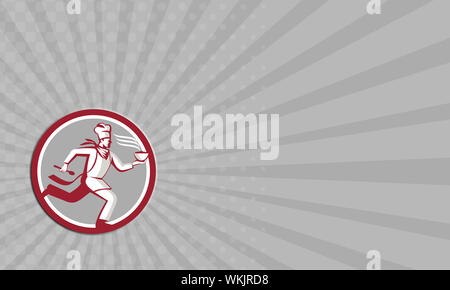 Carte montrant l'illustration d'un chef, cuisinier ou baker tournant servez des aliments chauds dans un bol, mettre l'intérieur du cercle avec fait en style retro isolées sur backg Banque D'Images