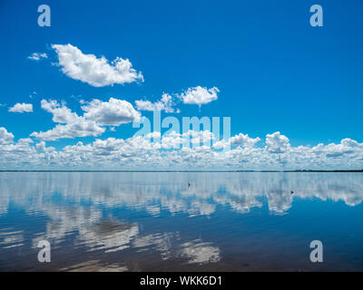 Les nuages blancs dans le ciel bleu se reflétant dans la baie de Sarasota prises de Longboat Key dans le sud-ouest de la Floride Banque D'Images