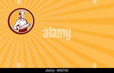 Carte montrant l'illustration d'un chef, cuisinier ou baker holding jeu pain à l'intérieur du cercle sur fond isolé fait en rétro style gravure sur bois. Banque D'Images