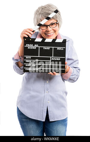 Happy elderly woman holding a deck, isolé sur fond blanc Banque D'Images