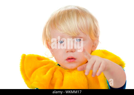 Enfant triste sur vous isolated on white Banque D'Images