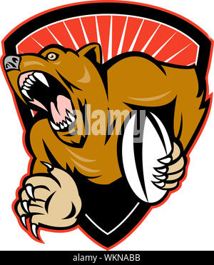 Illustration d'un grizzly ou un ours brun rugby player parant avec bouclier intérieur ball set isolated on white Banque D'Images