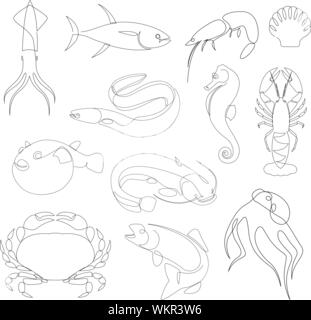 Les animaux sous-marins collection dessiné par une ligne. Style minimaliste, mer et océan créatures. Vector illustration Illustration de Vecteur