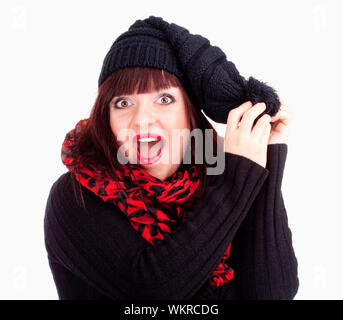 Femme surprise en cache noir et foulard rouge - Isolated on White Banque D'Images