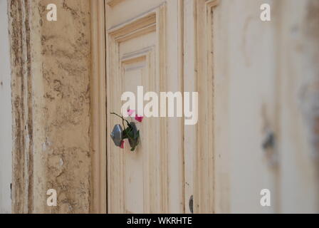 Fleurs roses sur une vieille porte à Sliema, Malte Banque D'Images