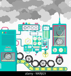 Montrant les pneus de l'usine d'être transformé en fumée polluantes. Illustration conceptuelle. Illustration de Vecteur