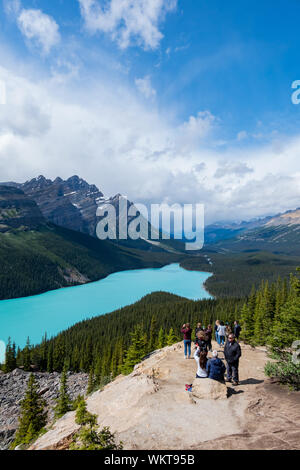 Banff, JUL 26 : Beaucoup de gens prenant photo au lac Peyto le Jul 26, 2019 à Banff, Canada Banque D'Images