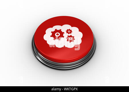 Image composite de cogs et les roues dans les nuages sur le bouton poussoir rouge générées numériquement Banque D'Images