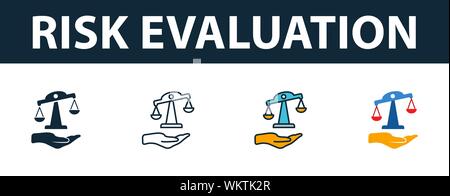 L'évaluation des risques icon set. Quatre éléments dans diférents styles à partir d'icônes de l'assurance collection. L'évaluation du risque créatif rempli d'icônes de couleur, Contours, Illustration de Vecteur