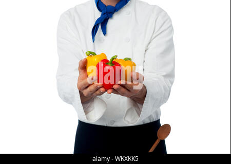 Portrait of chef holding poivrons Banque D'Images