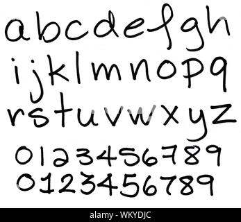 Grande taille des minuscules alphabet et les chiffres réalisés avec une encre noire marqueur permanent, beaucoup de détails, fibres de papier. Banque D'Images
