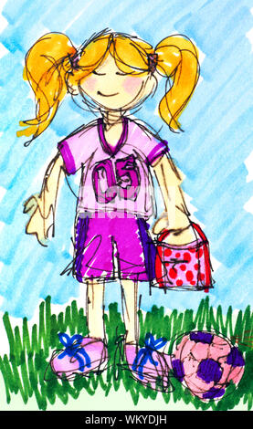 Croquis original d'un happy little girl avec lunch prêt à jouer au football ou au soccer avec sa balle sur le terrain. Banque D'Images