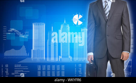 Man in suit et est titulaire d'valise. Les bâtiments à ossature fil incandescent sur avion transparent en toile Banque D'Images