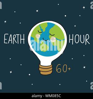 L'heure de la terre 60 + monde mignon dans lightbulb dormir cartoon doodle vector illustration Illustration de Vecteur