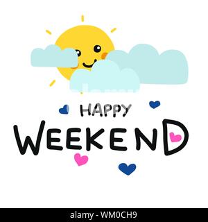 Week-end heureux mignon sourire soleil et de nuages cartoon vector illustration style doodle Illustration de Vecteur