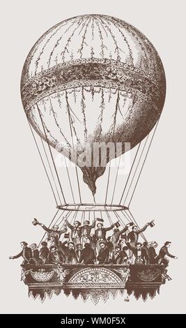 Foule de passagers forme à partir du panier d'un ballon historique. Illustration après une lithographie du xixe siècle. Dans les couches modifiable Illustration de Vecteur