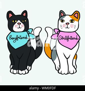 Illustration vectorielle de dessin animé pour petit ami de chat noir et petit ami de chat blanc Illustration de Vecteur