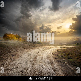 Route de campagne et brouillard sur l'automne Banque D'Images