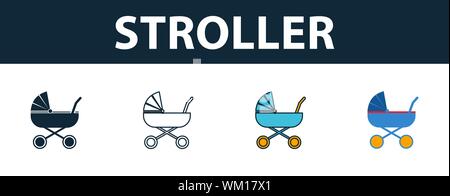 Poussette icon set. Quatre éléments dans diférents styles à partir de choses bébé collection d'icônes. Poussette créatif rempli d'icônes de couleur, contours, et télévision Illustration de Vecteur
