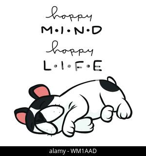 Happy Mind Happy Life French bulldog Sleeping dessin animé illustration vectorielle Illustration de Vecteur